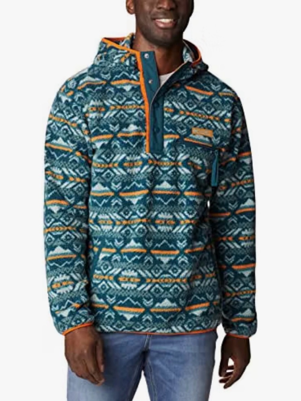 Men's Helvetia Teal Patterned Lightweight Pullover Jacket with Orange Accents